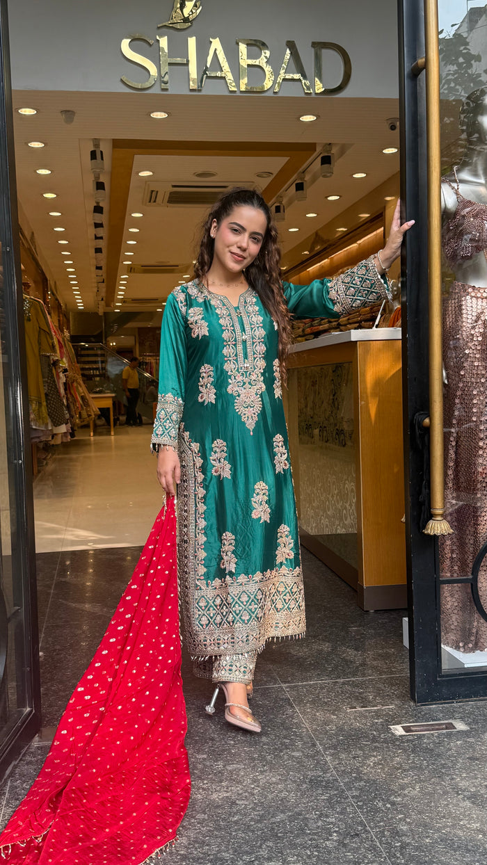 Beads & Thread Embroidered Dupion Silk Suit Set | Festive & Wedding Wear | Size Up to 46