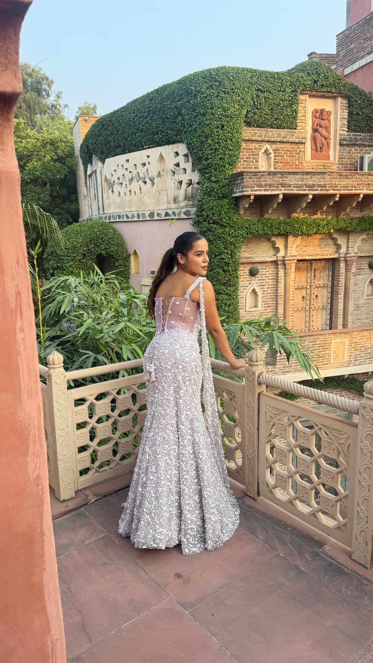Pearl & Two-Tone Sequin Handwork Corset Blouse with Fish-Cut Lehenga