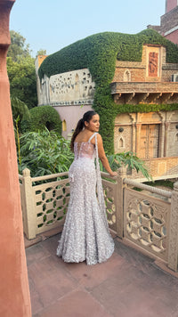 Pearl & Two-Tone Sequin Handwork Corset Blouse with Fish-Cut Lehenga