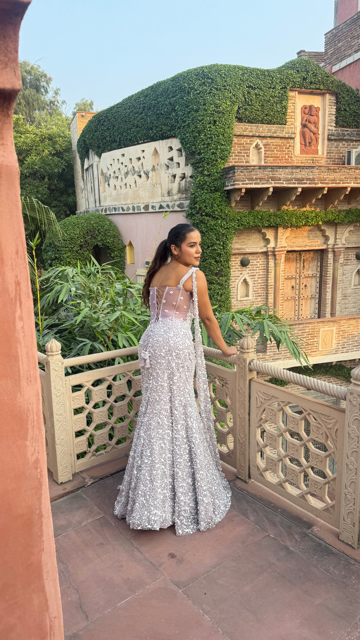 Pearl & Two-Tone Sequin Handwork Corset Blouse with Fish-Cut Lehenga