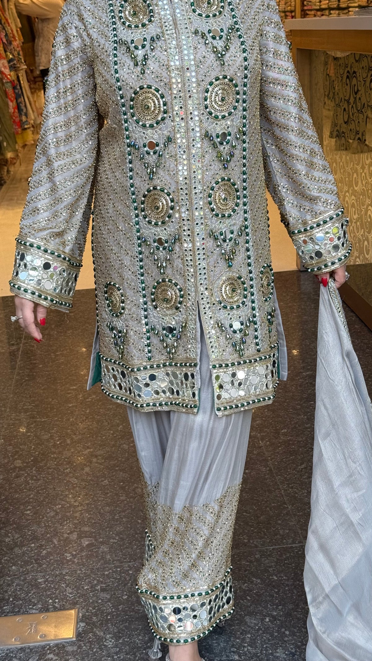 Luxury Shimmer Tissue Suit Set with Beads Jewellery & Mirror Work