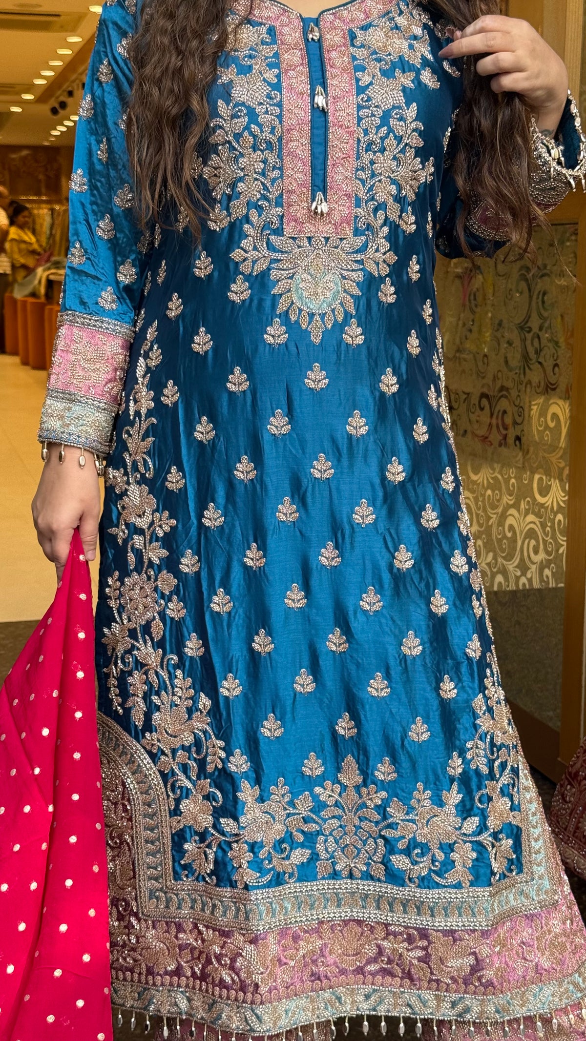 Long Pakistani Suit Set in Satin Silk with Beads Handwork