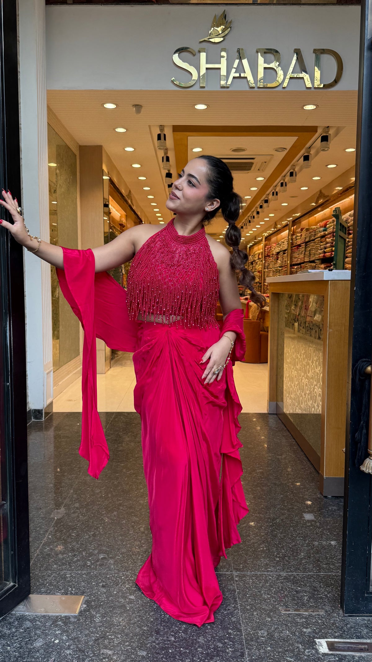 Elegant Crepe Drape Saree with Pearl Tassel Blouse – Designer Ethnic Wear