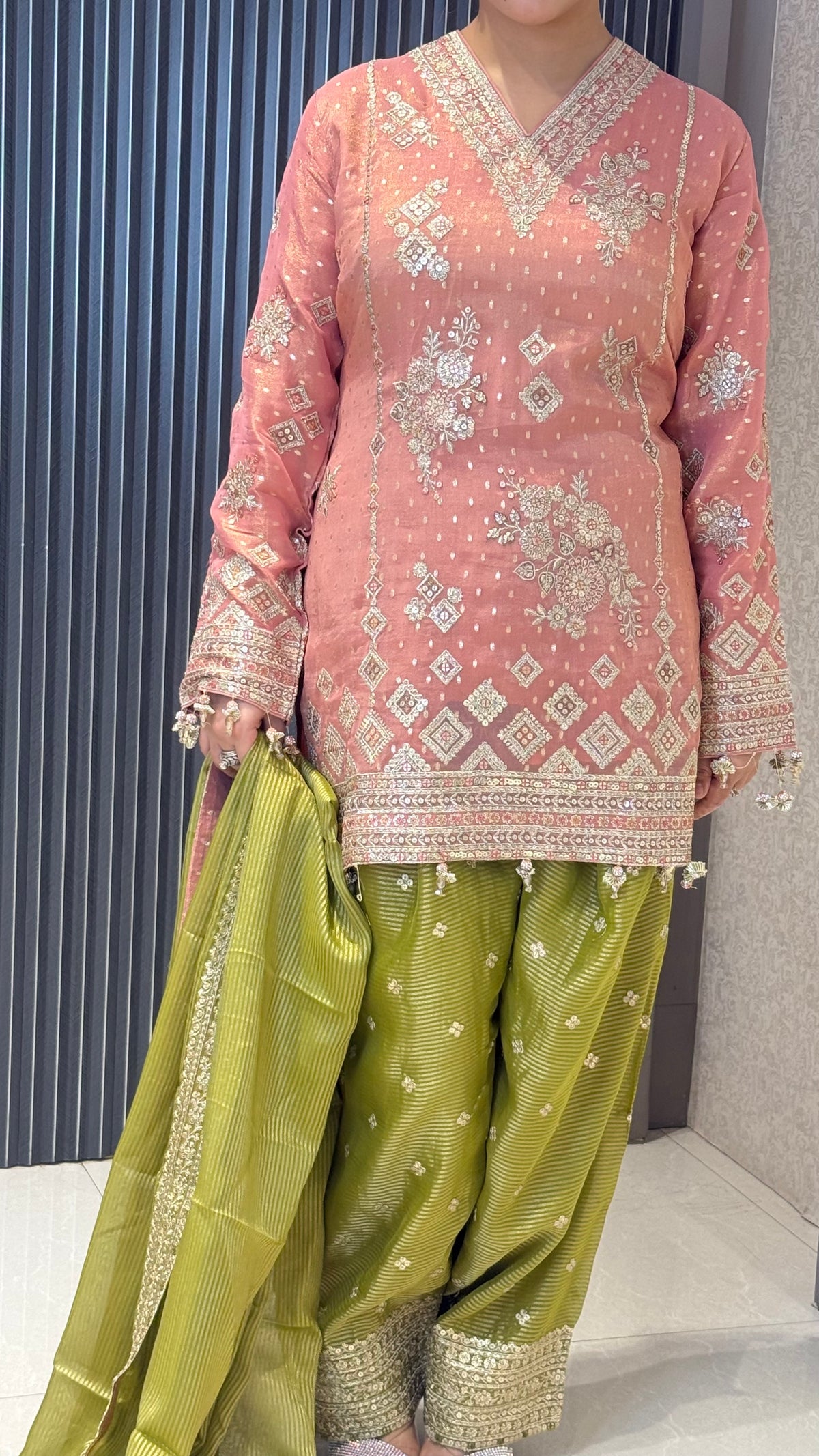 Shimmer Tissue Heavy Suit with Neam Zari Work | Party Wear Collection