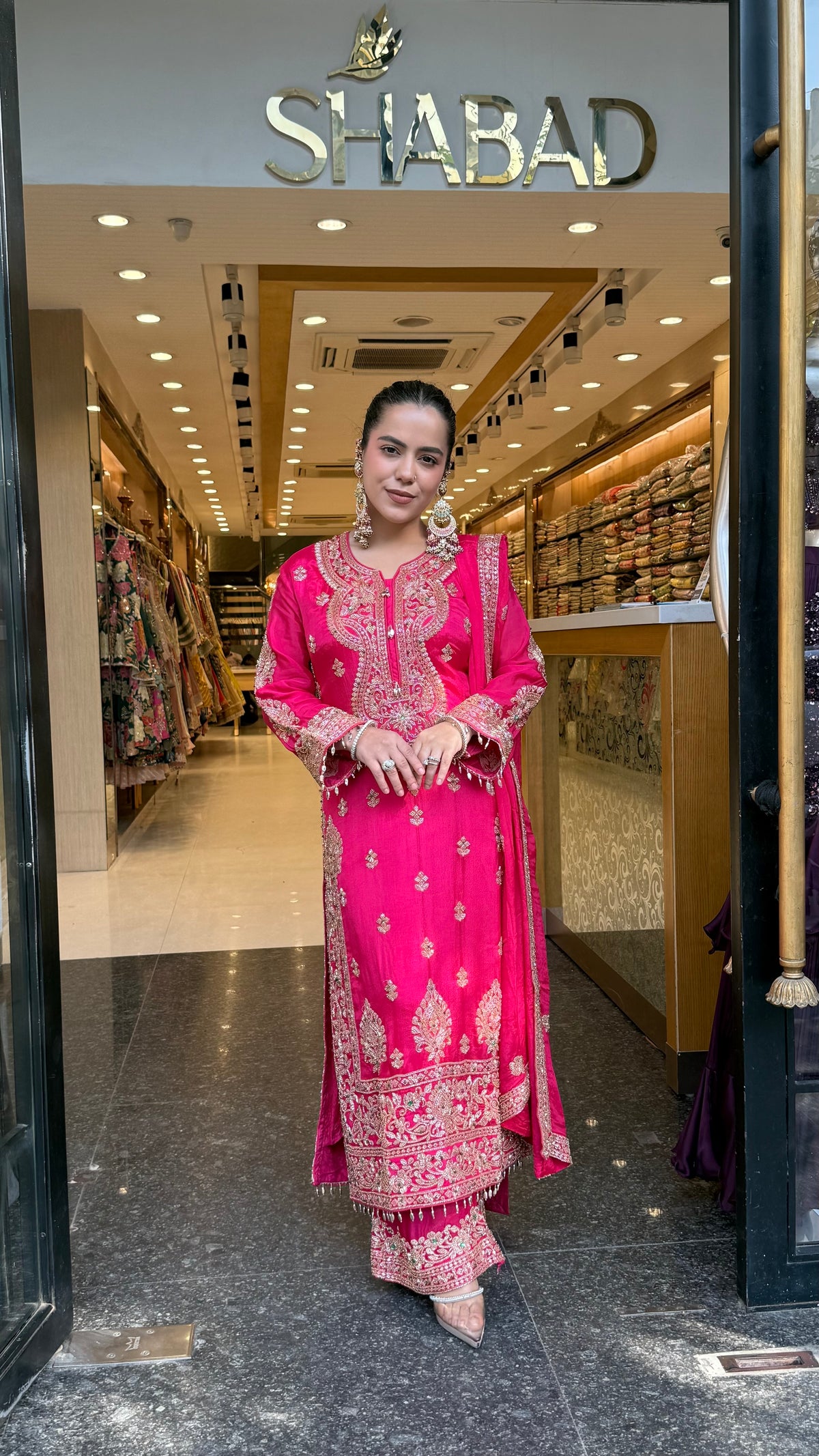 Designer Chinon Suit Set with Multicolour Stone & Beads Work (customisation available for 46/48 size)