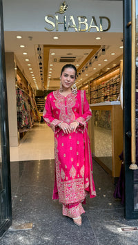 Designer Chinon Suit Set with Multicolour Stone & Beads Work (customisation available for 46/48 size)