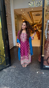 Long Pakistani Suit Set in Satin Silk with Beads Handwork (Copy)