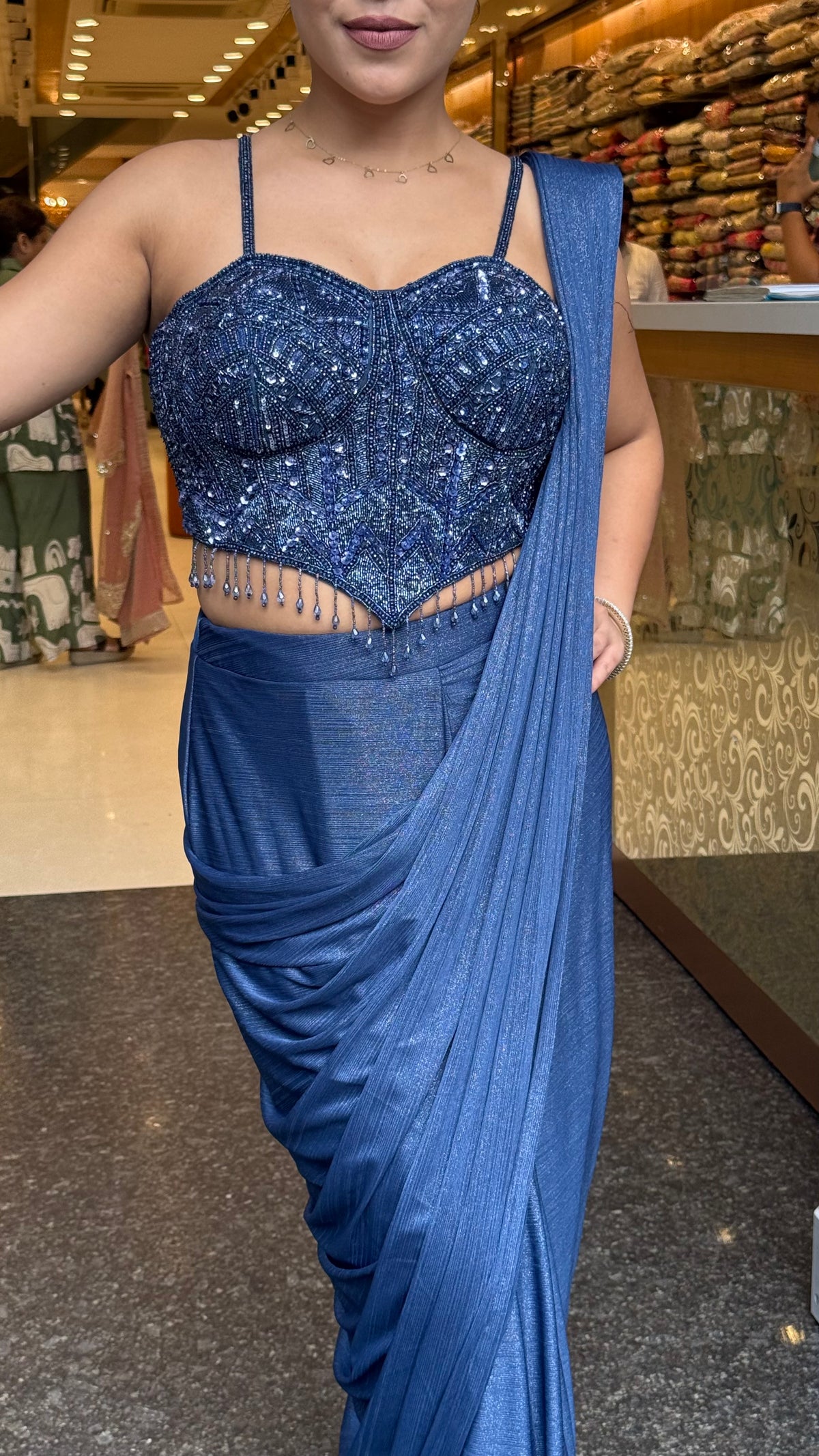Shimmer Lycra Drape Saree with Handwork Corset Blouse