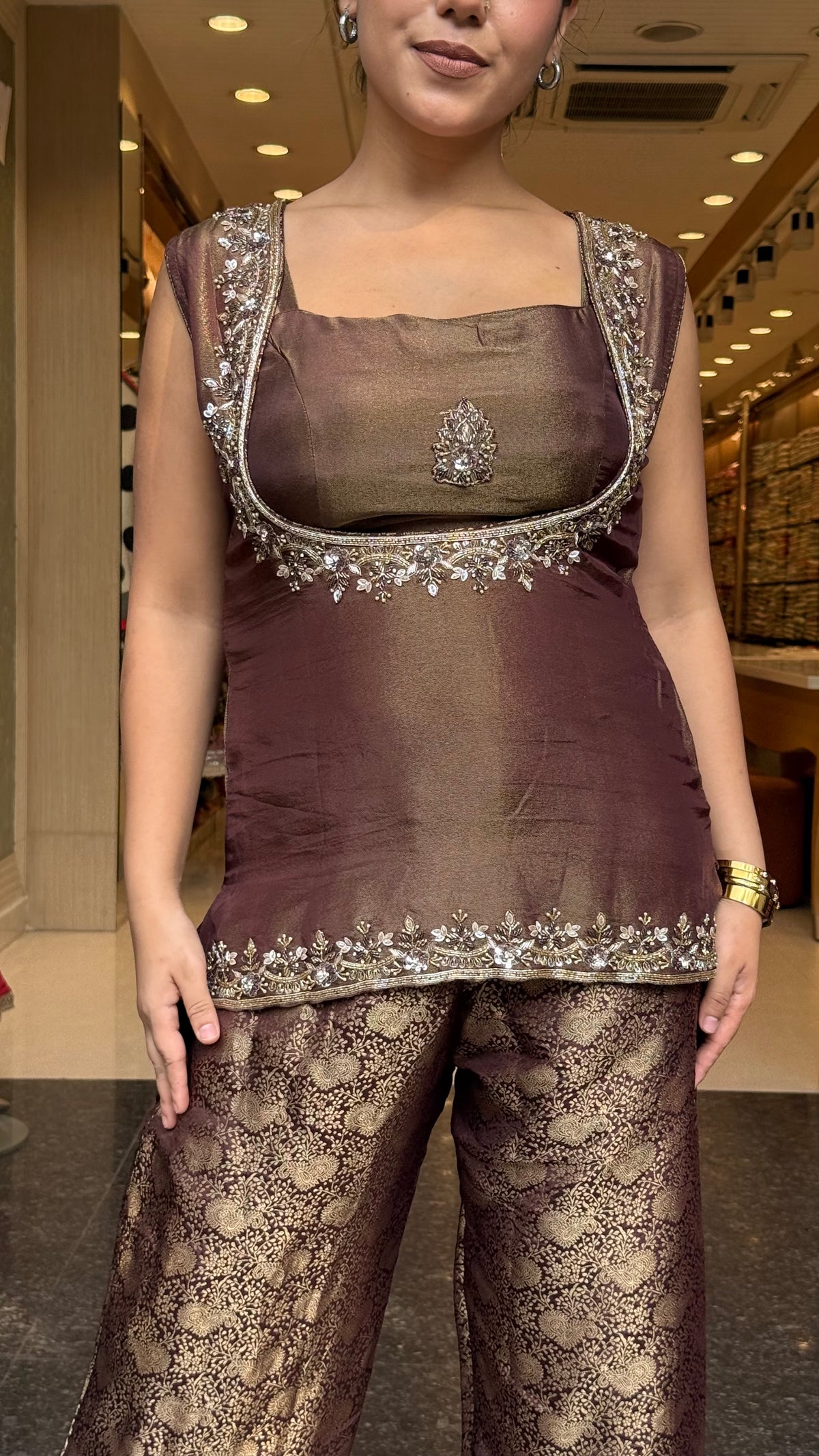 Shimmer Tissue Shirt & Blouse with Brocade Pants | Dabka & Cutdana Embellished Coord Set
