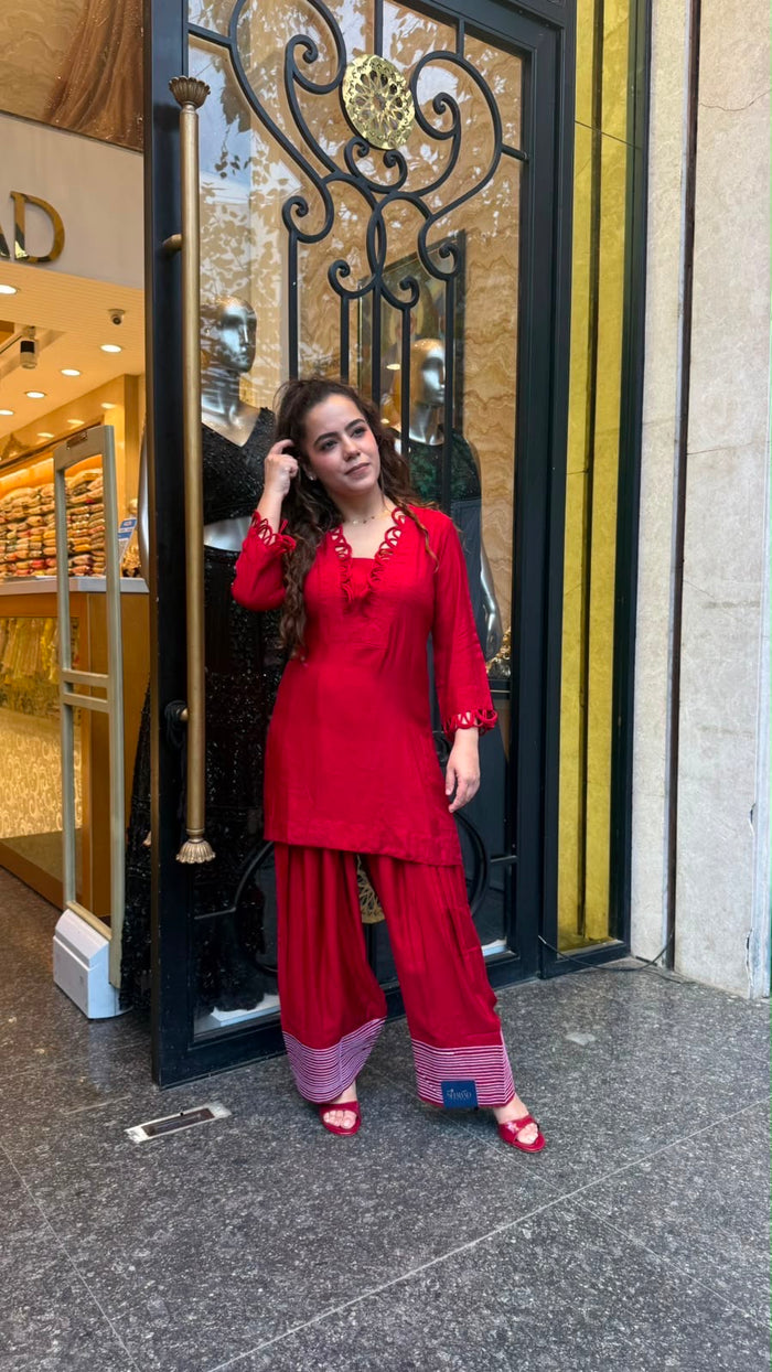 Rayon Cotton Farshi Salwar Co-ord Set with Lace Work Neckline & Sleeves