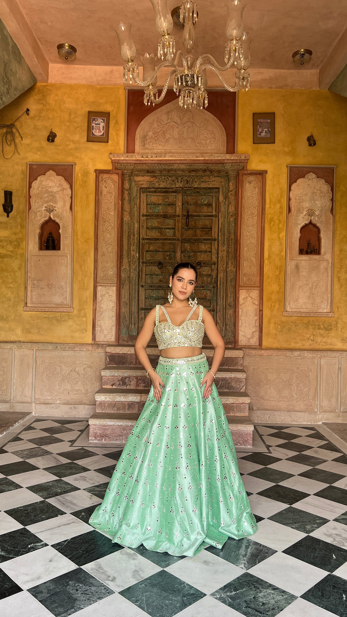 Elegant Raw Silk Lehenga with Intricate Mirror Work