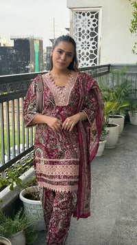 Budget Friendly Printed Cotton Suit with Lace Work