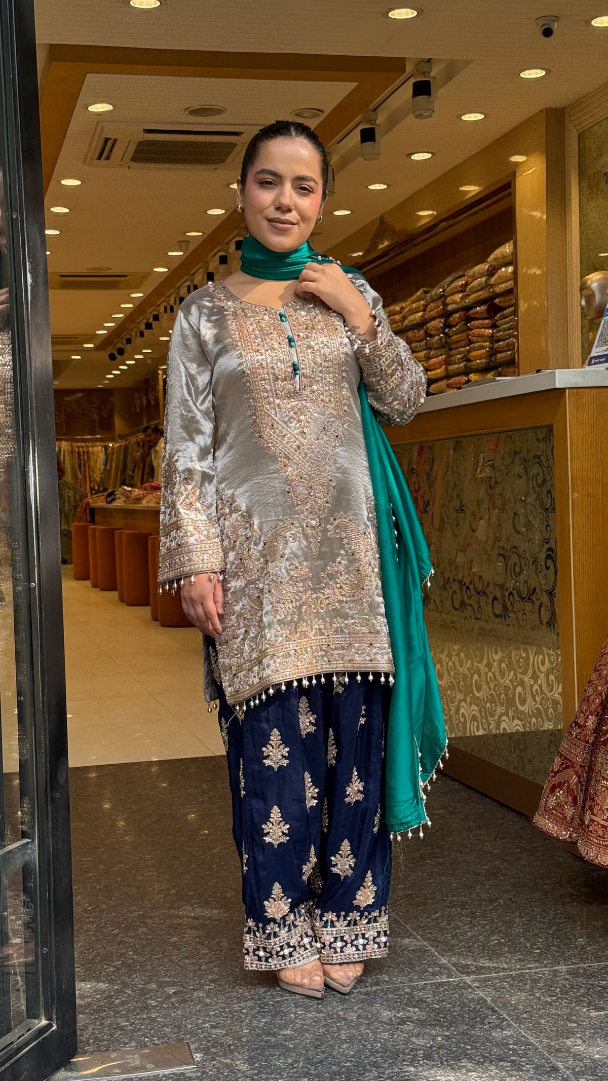 Shimmer Silk Beaded Suit Set with Chinon Salwar Style Pant