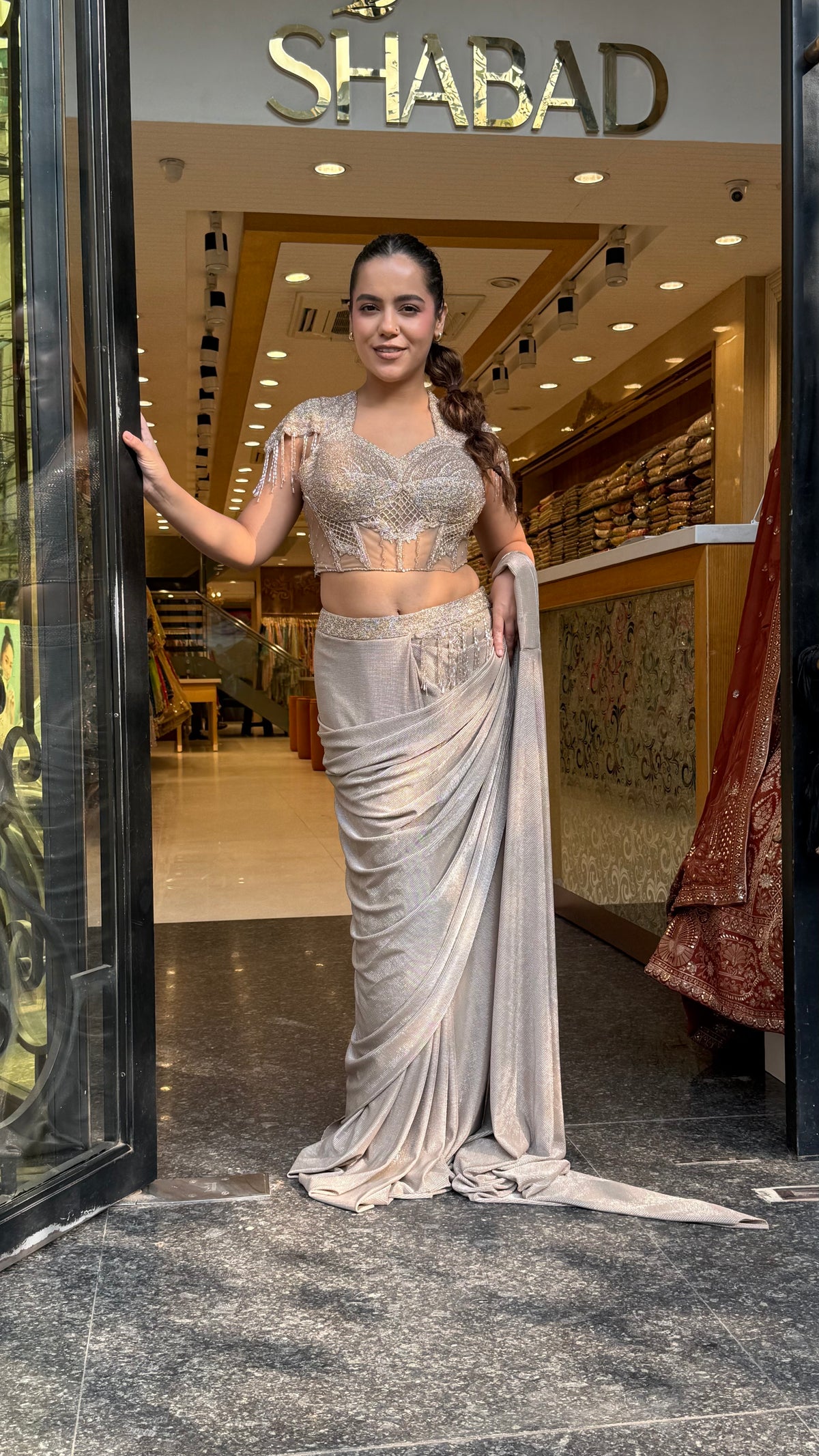 Handwork Georgette Drape Saree with Full-Sleeve Blouse & Tassel Detailing