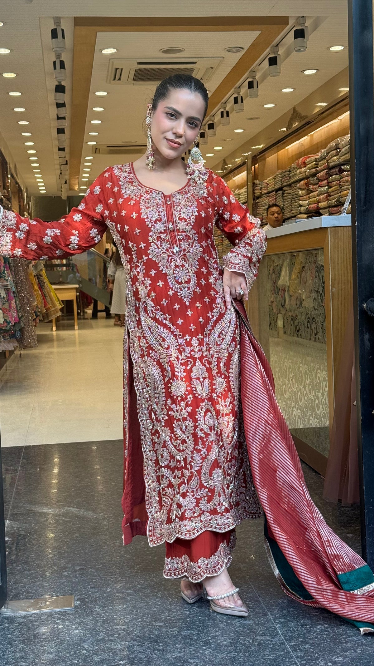 Elegant Satin Silk Suit Set with Multicolour Stone & Beads Work | Size Up to 46