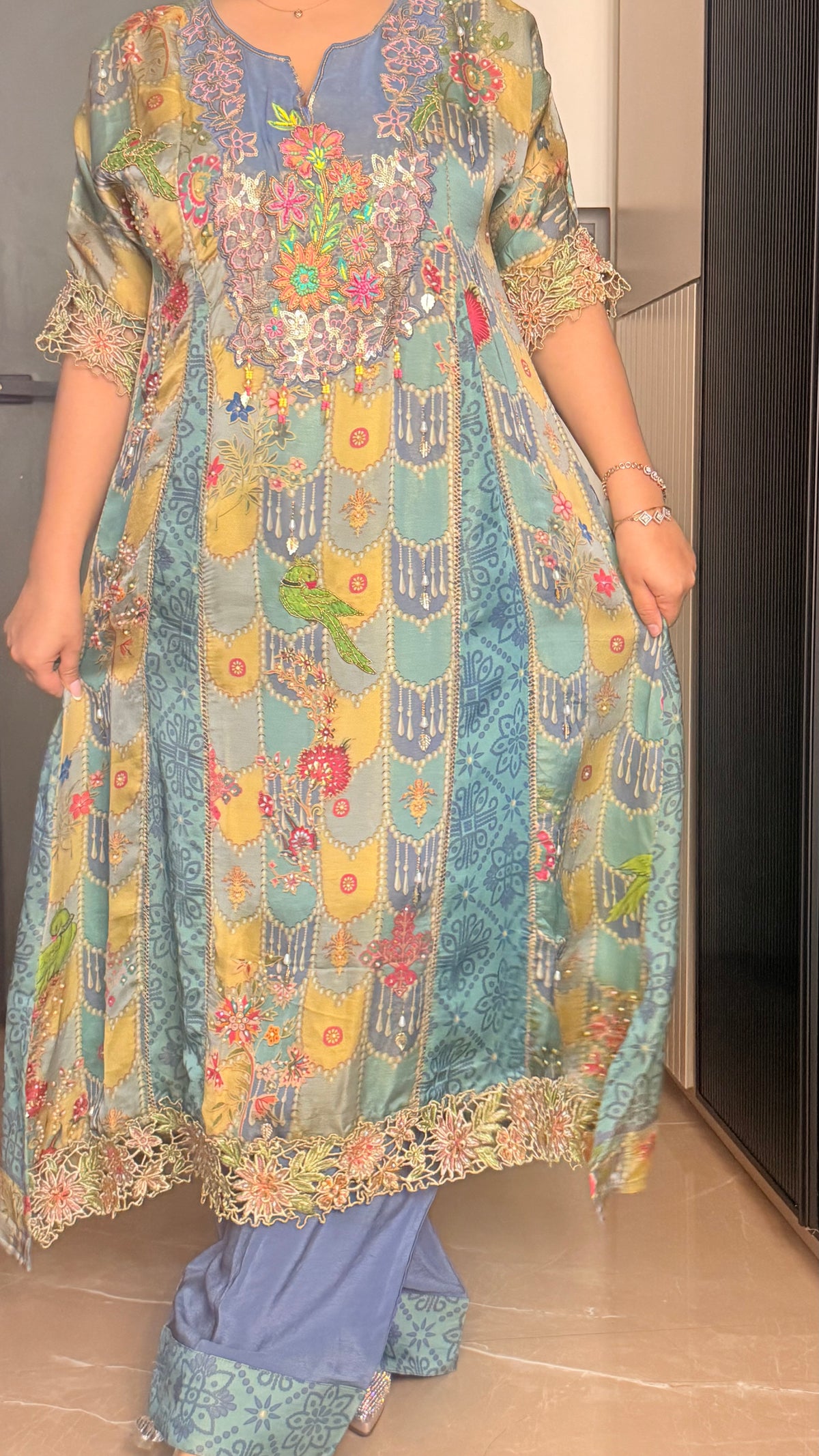 Printed Shimmer Silk Suit with Handwork Neckline