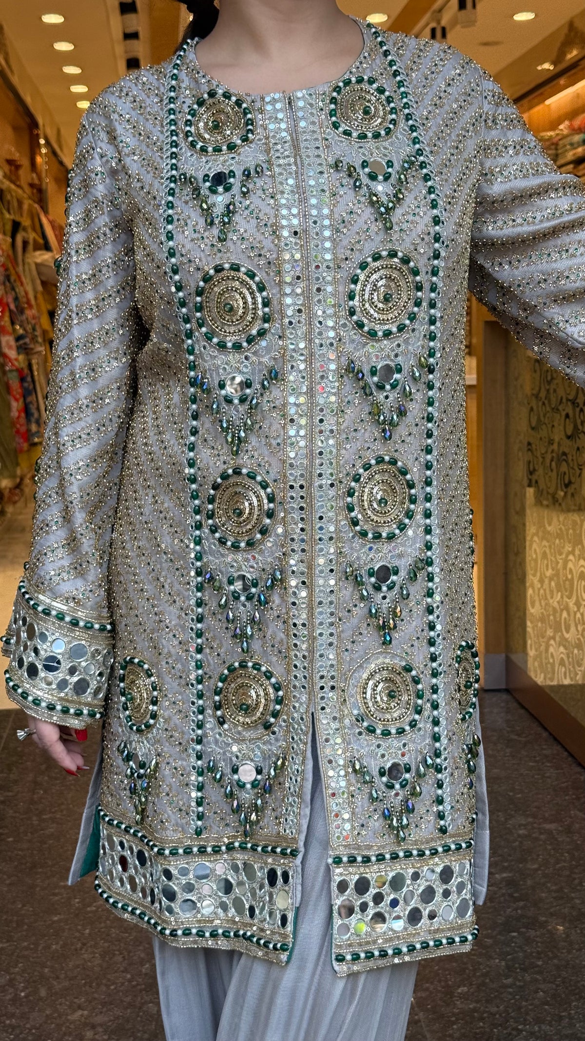 Luxury Shimmer Tissue Suit Set with Beads Jewellery & Mirror Work