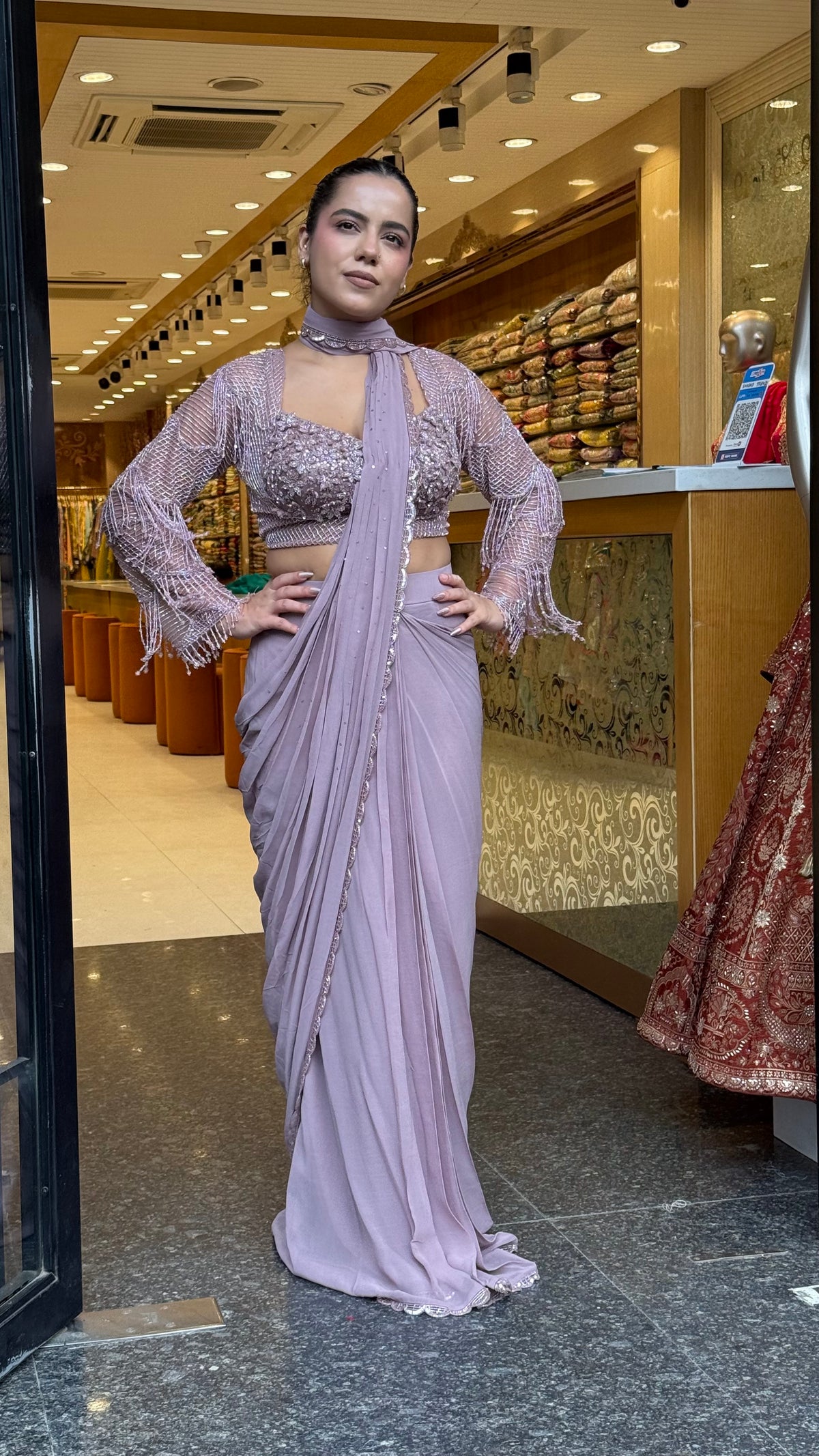 Handwork Georgette Drape Saree with Full-Sleeve Blouse & Tassel Detailing