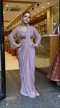 Handwork Georgette Drape Saree with Full-Sleeve Blouse & Tassel Detailing