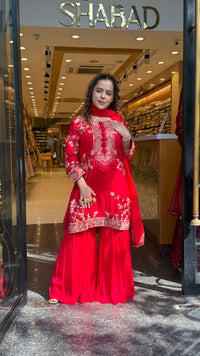 Silk Suit Set with Chinon Garara – Dori, Pearl & Gotta Detailing