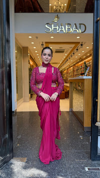 Elegant Crepe Drape Saree with Handwork Blouse – Designer Drape Collection