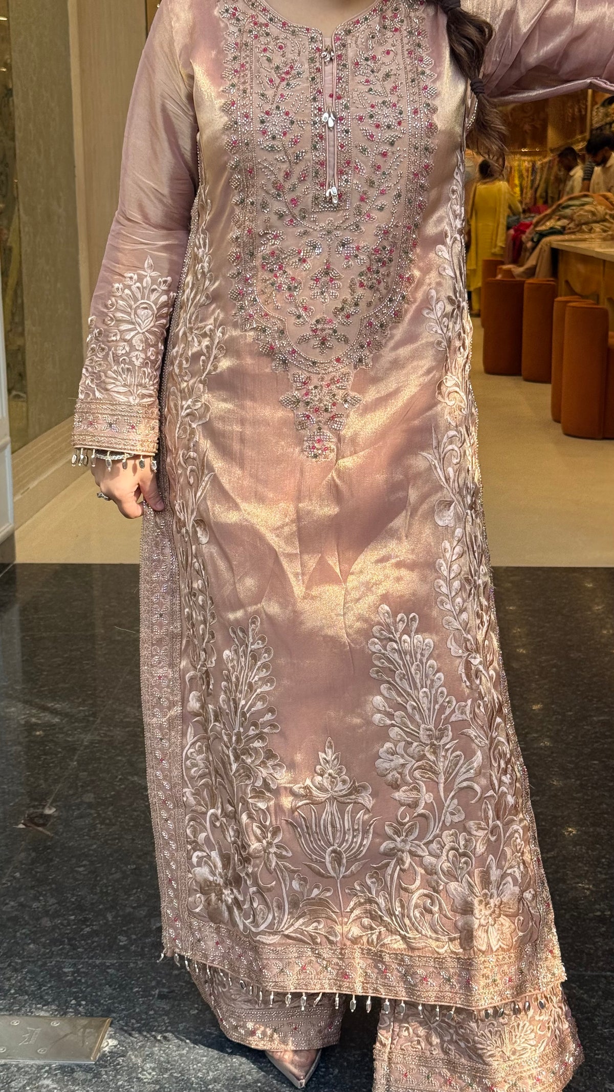 Designer Shimmer Tissue Suit Set with Thread Embroidery Beads & Multicolour Stone Work ( 46 size sides will be plain customisation available if handwork needed )