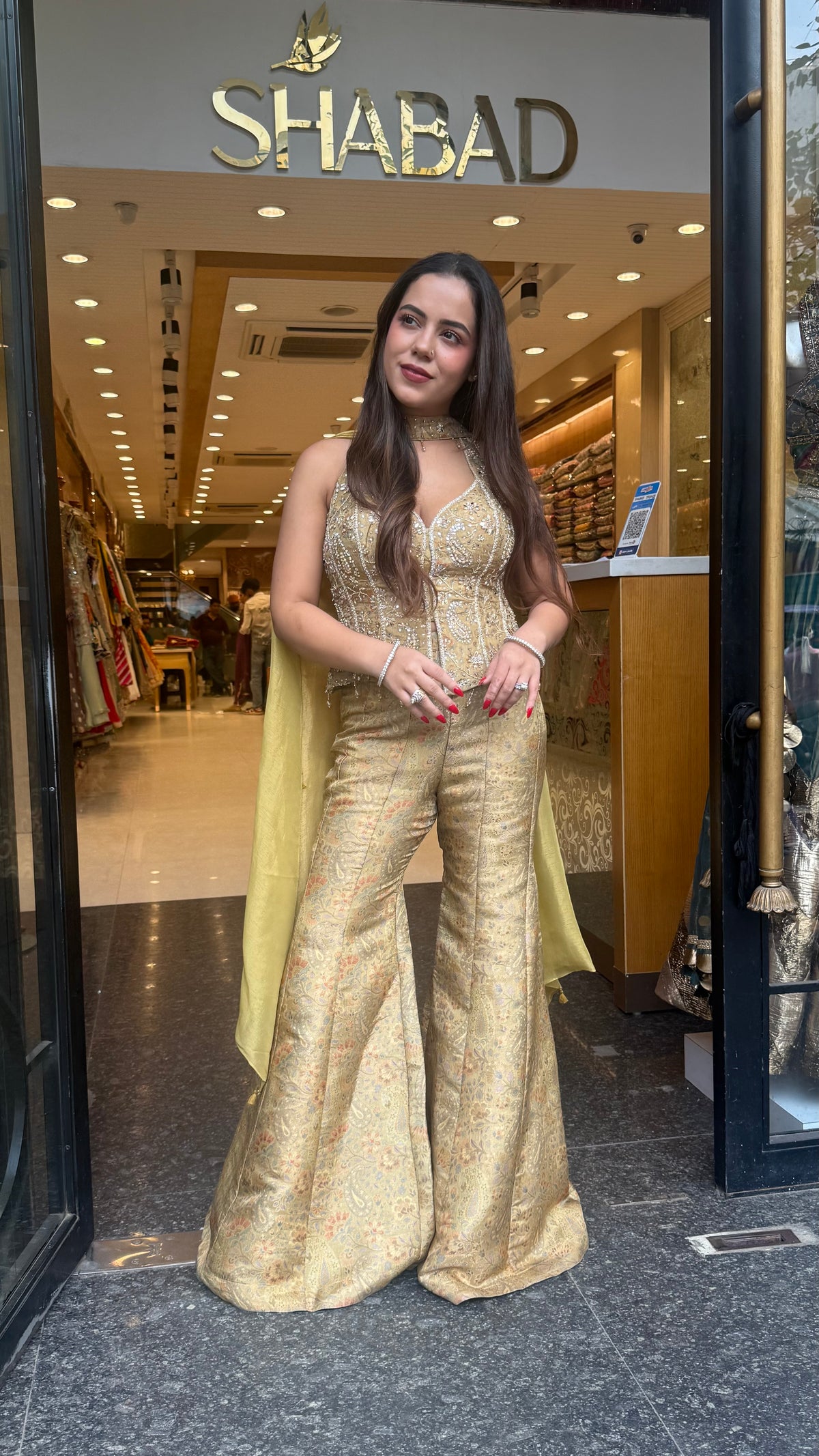 Banarasi Shimmer Indo-Western Set with Mirror, Dabka & Pearl Work | Designer Blouse & Bell Bottoms
