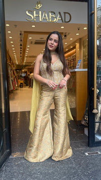 Banarasi Shimmer Indo-Western Set with Mirror, Dabka & Pearl Work | Designer Blouse & Bell Bottoms