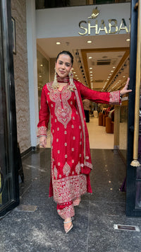 Designer Chinon Suit Set with Multicolour Stone & Beads Work (customisation available for 46/48 size)