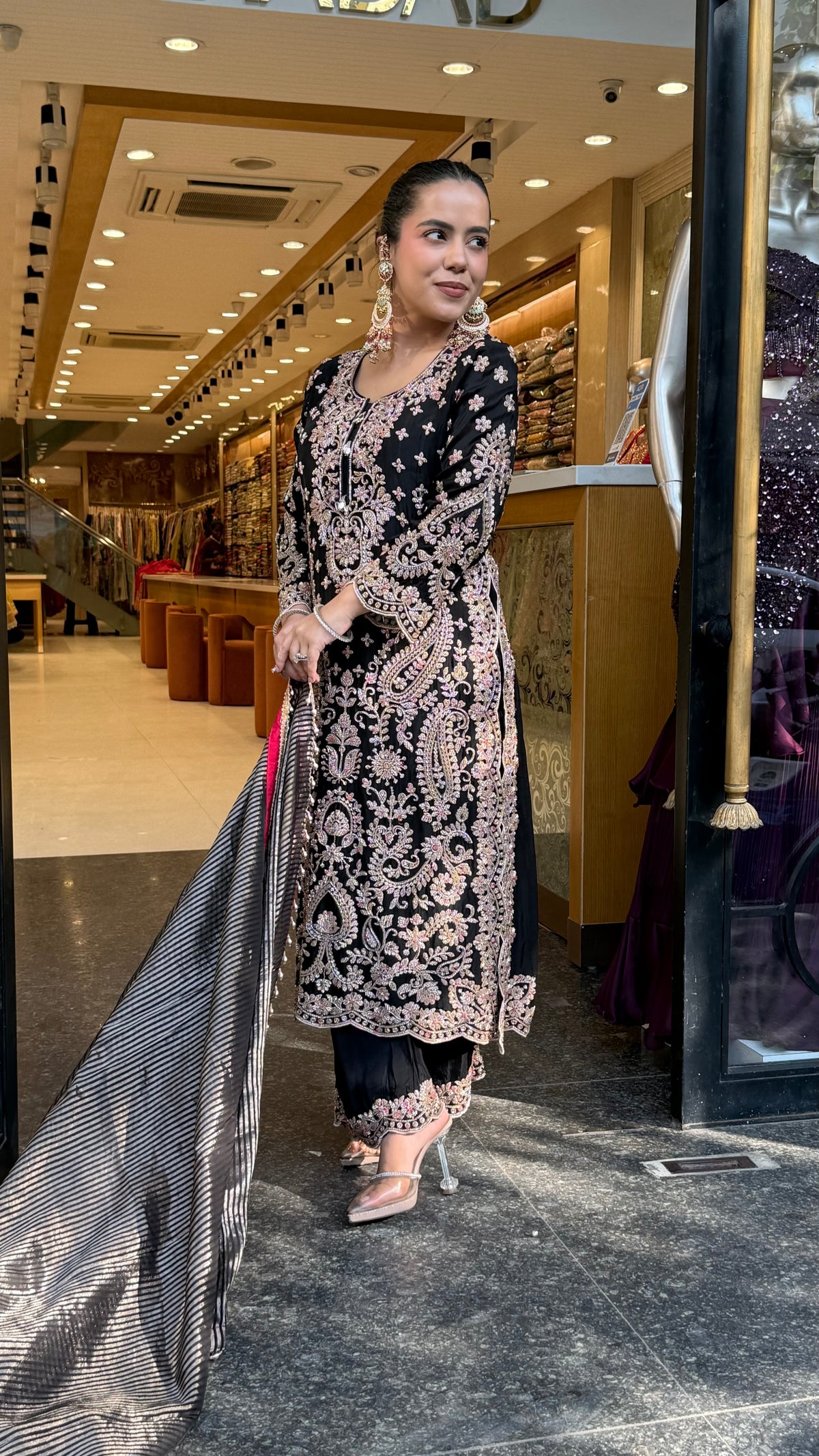 Elegant Satin Silk Suit Set with Beads & Multicolour Stone Work