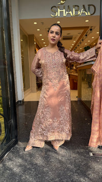 Designer Shimmer Tissue Suit Set with Thread Embroidery Beads & Multicolour Stone Work ( 46 size sides will be plain customisation available if handwork needed )