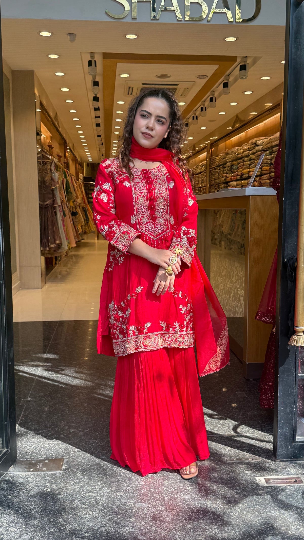 Silk Suit Set with Chinon Garara – Dori, Pearl & Gotta Detailing