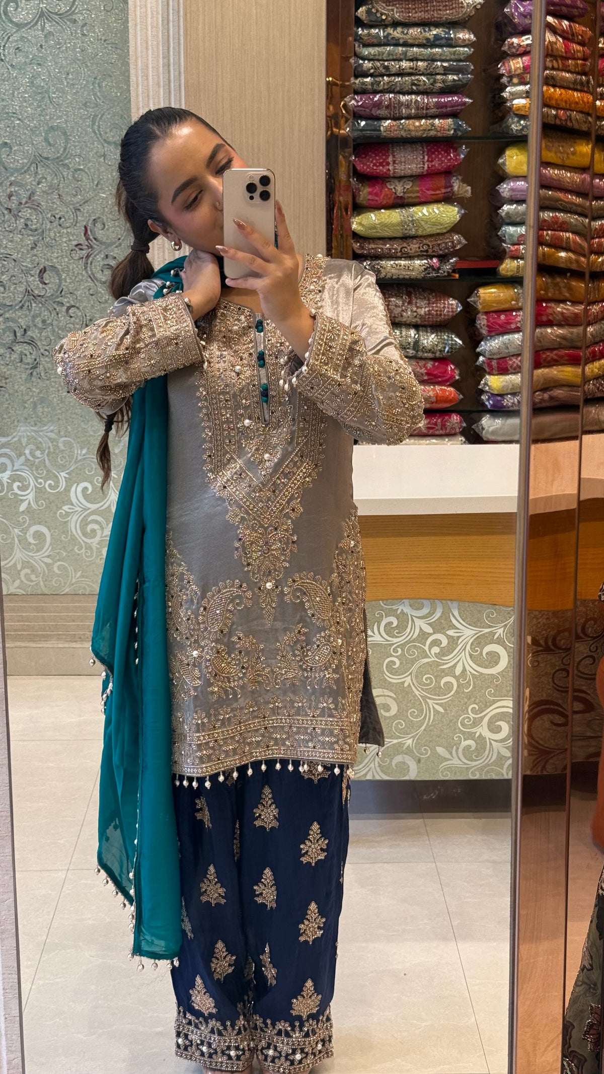 Shimmer Silk Beaded Suit Set with Chinon Salwar Style Pant