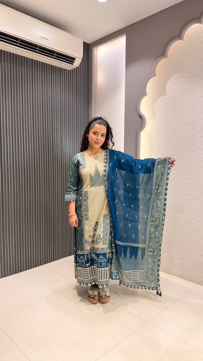 Warli Print Cotton Suit with Thread Embroidery