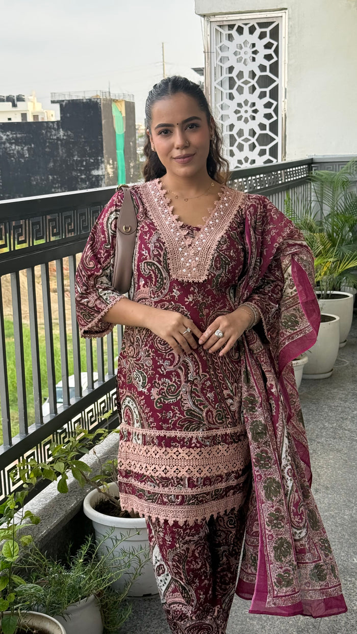 Budget Friendly Printed Cotton Suit with Lace Work