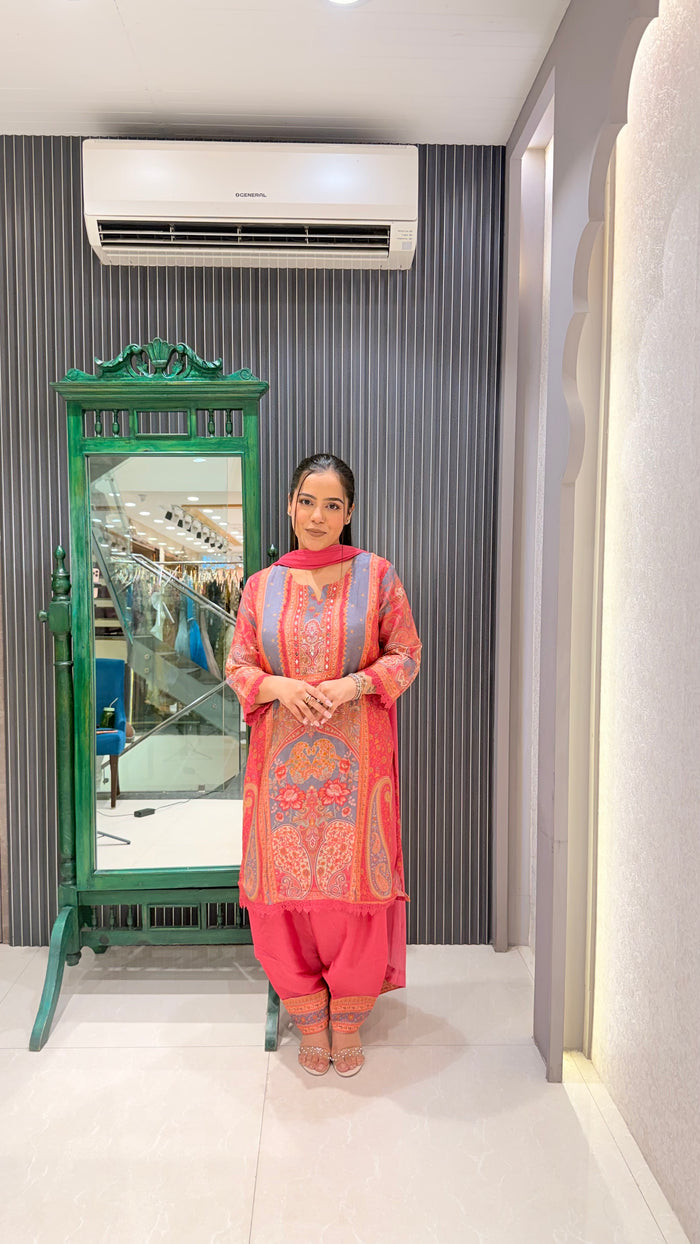 Printed Muslin Suit with Mirror Work