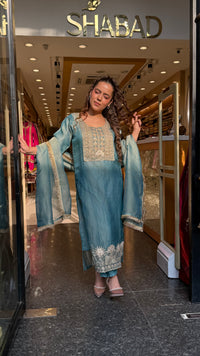 Budget-Friendly Shimmer Tissue Embroidered Suit Set with Thread & Jarkan Work