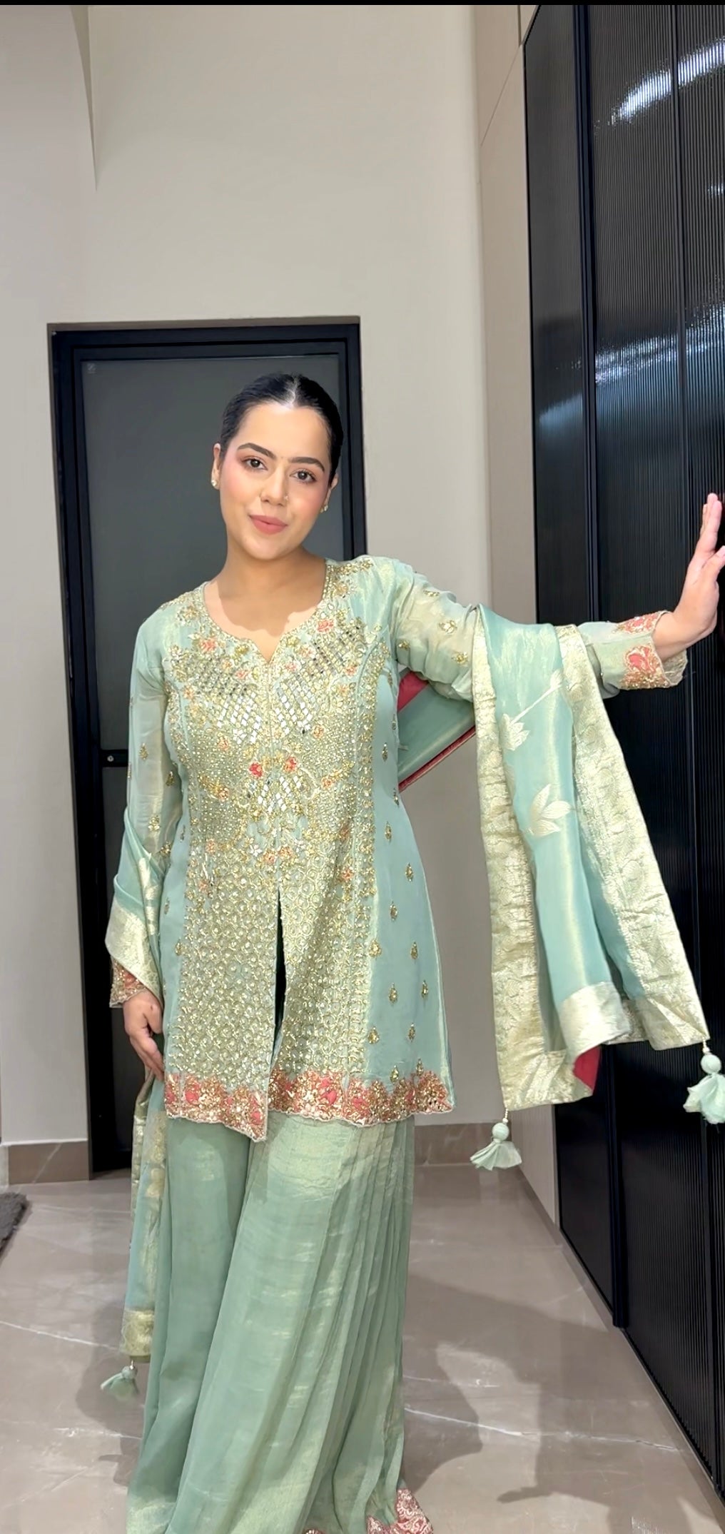 Shimmer Silk Mirror Work Suit Set – Elegant Sequins Finish