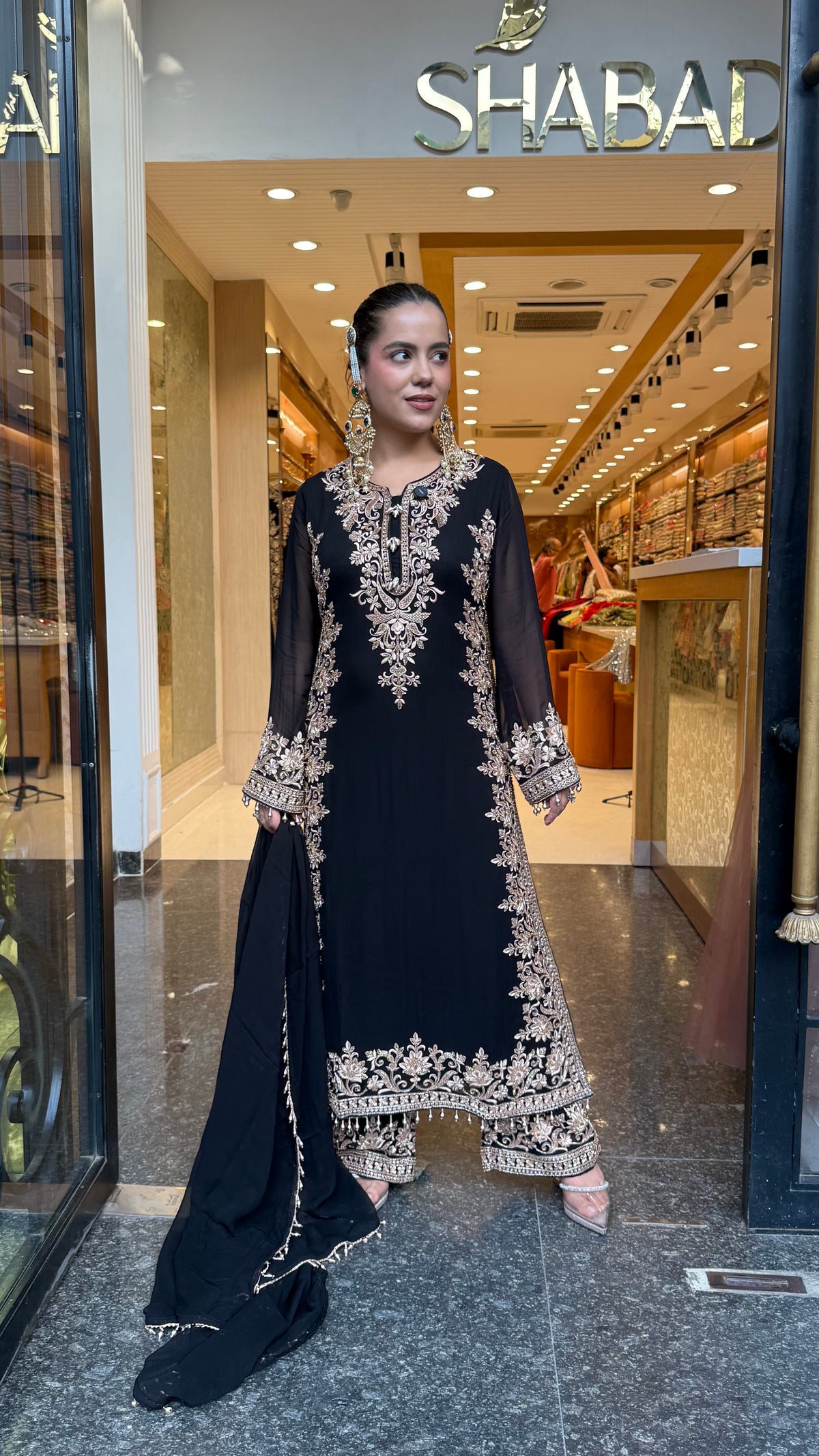Elegant Georgette Thread Embroidered & Beaded Suit Set ( 46 size sides will be plain customisation available if handwork needed )