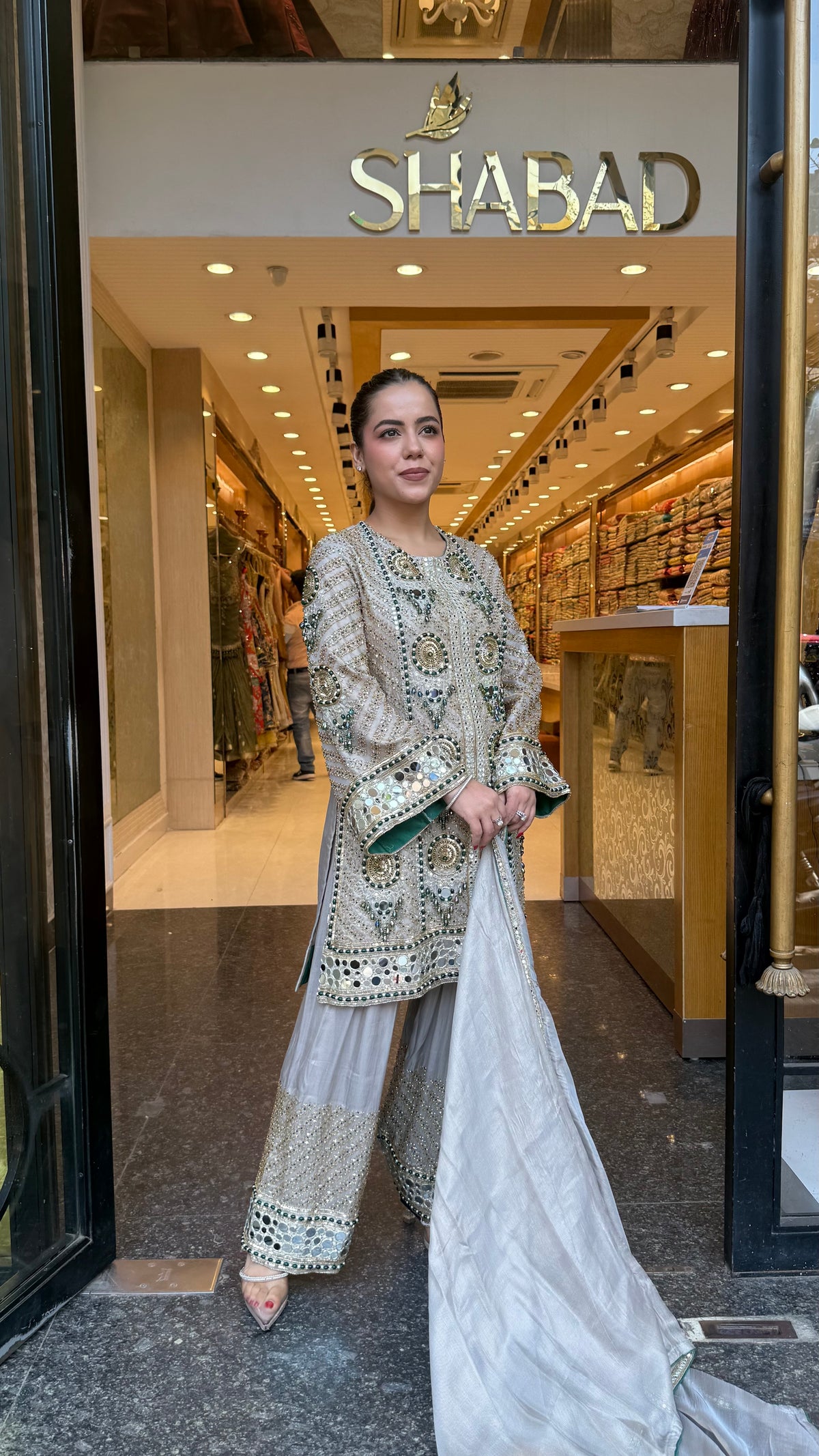 Luxury Shimmer Tissue Suit Set with Beads Jewellery & Mirror Work