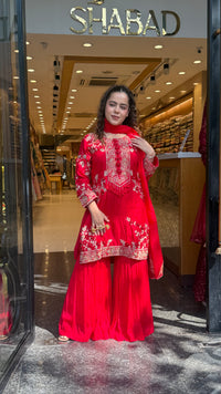 Silk Suit Set with Chinon Garara – Dori, Pearl & Gotta Detailing