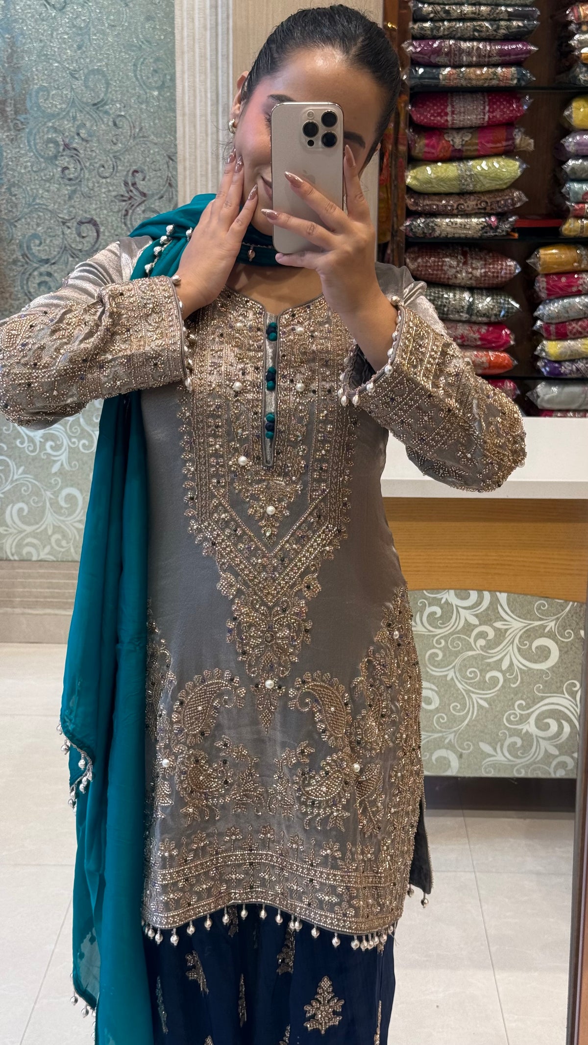 Shimmer Silk Beaded Suit Set with Chinon Salwar Style Pant