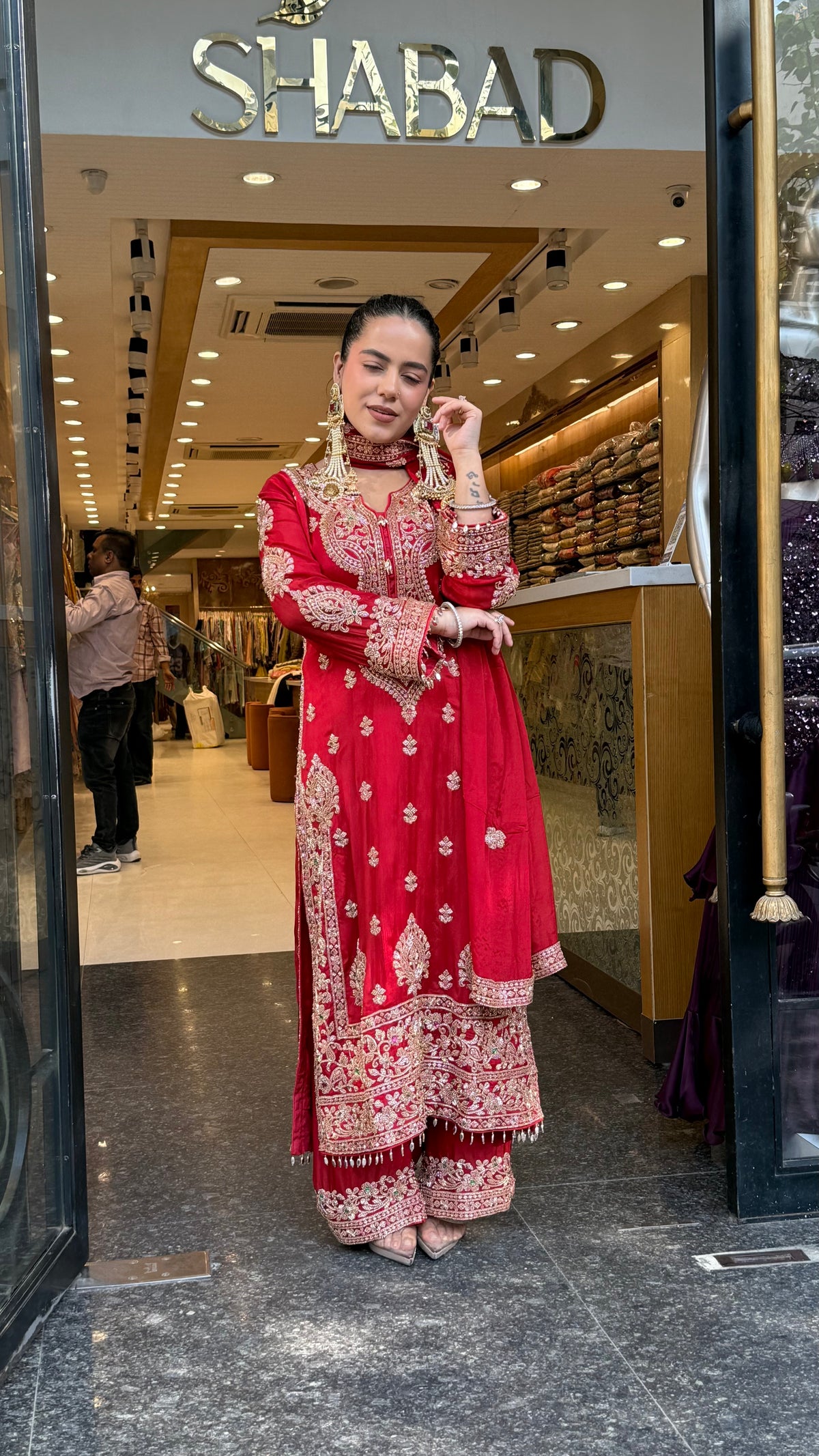 Designer Chinon Suit Set with Multicolour Stone & Beads Work (customisation available for 46/48 size)