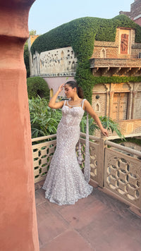 Pearl & Two-Tone Sequin Handwork Corset Blouse with Fish-Cut Lehenga