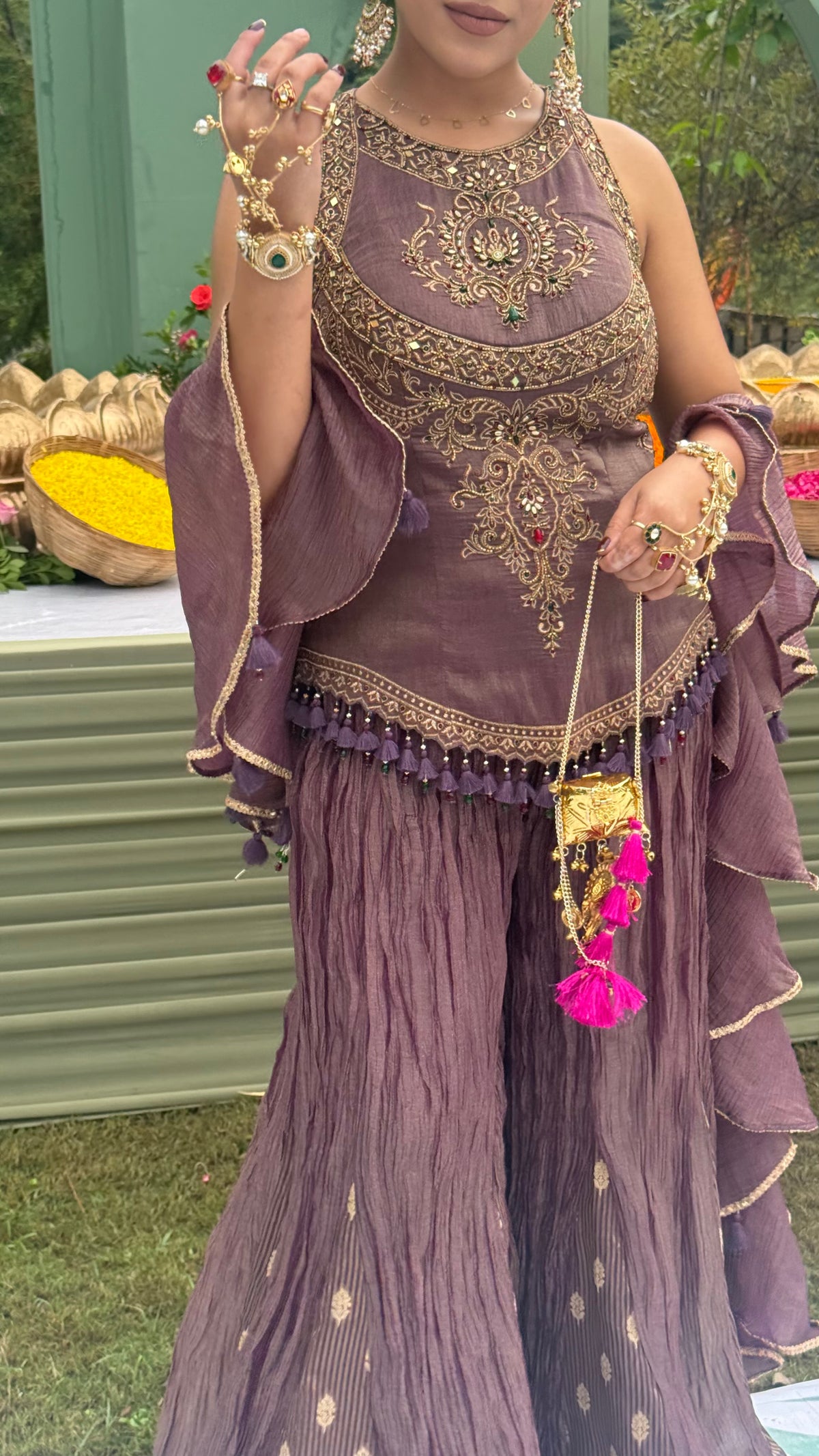 Designer Shimmer Silk Indo-Western Set with Handwork & Crush Tissue Bottom