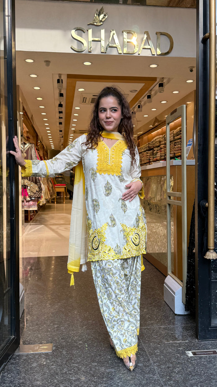 Budget-Friendly Printed Cotton Suit Set with Farshi Salwar & Thread Embroidery | Up to Size 44
