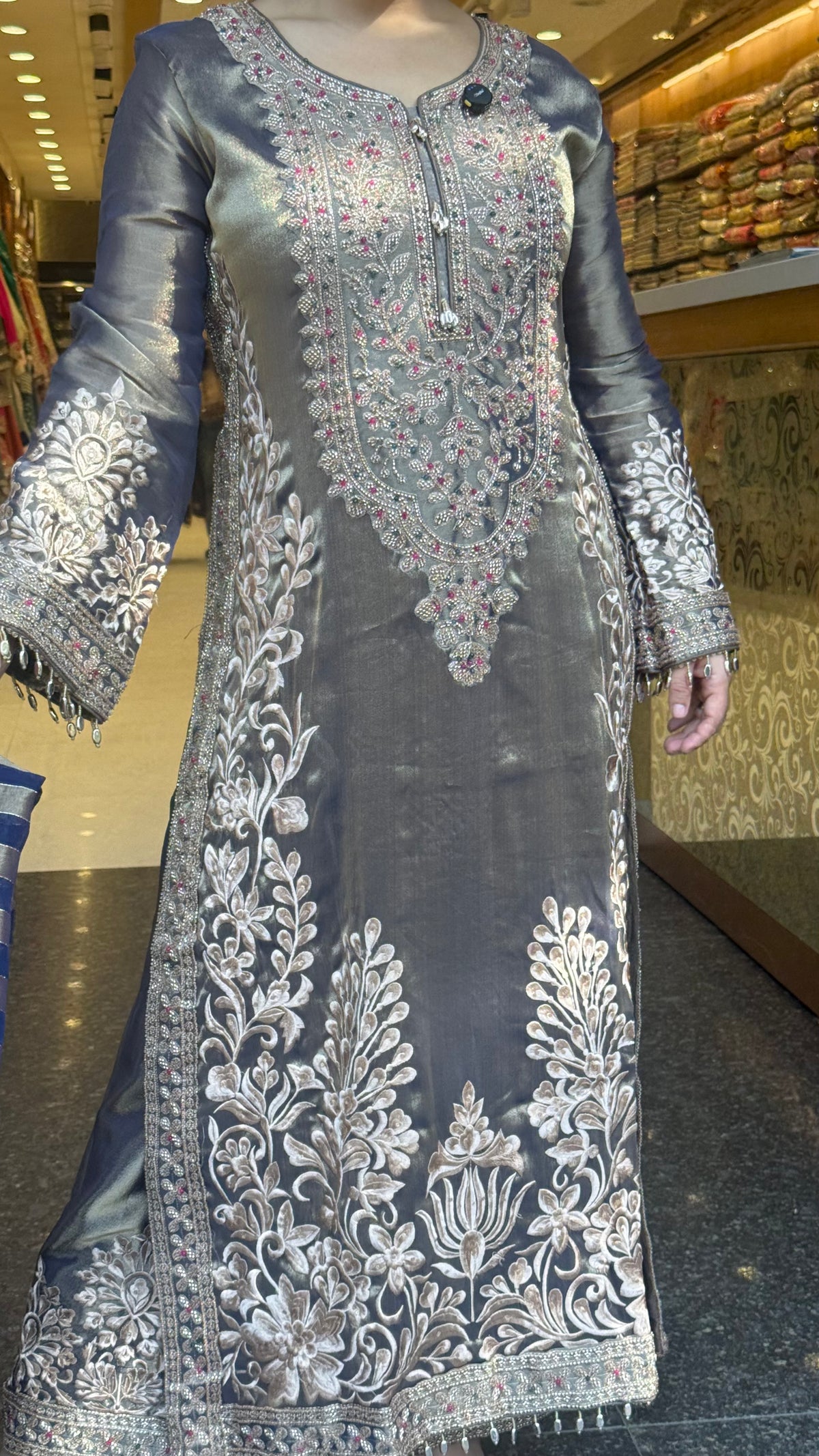 Designer Shimmer Tissue Suit Set with Thread Embroidery Beads & Multicolour Stone Work ( 46 size sides will be plain customisation available if handwork needed )
