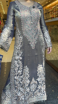 Designer Shimmer Tissue Suit Set with Thread Embroidery Beads & Multicolour Stone Work ( 46 size sides will be plain customisation available if handwork needed )