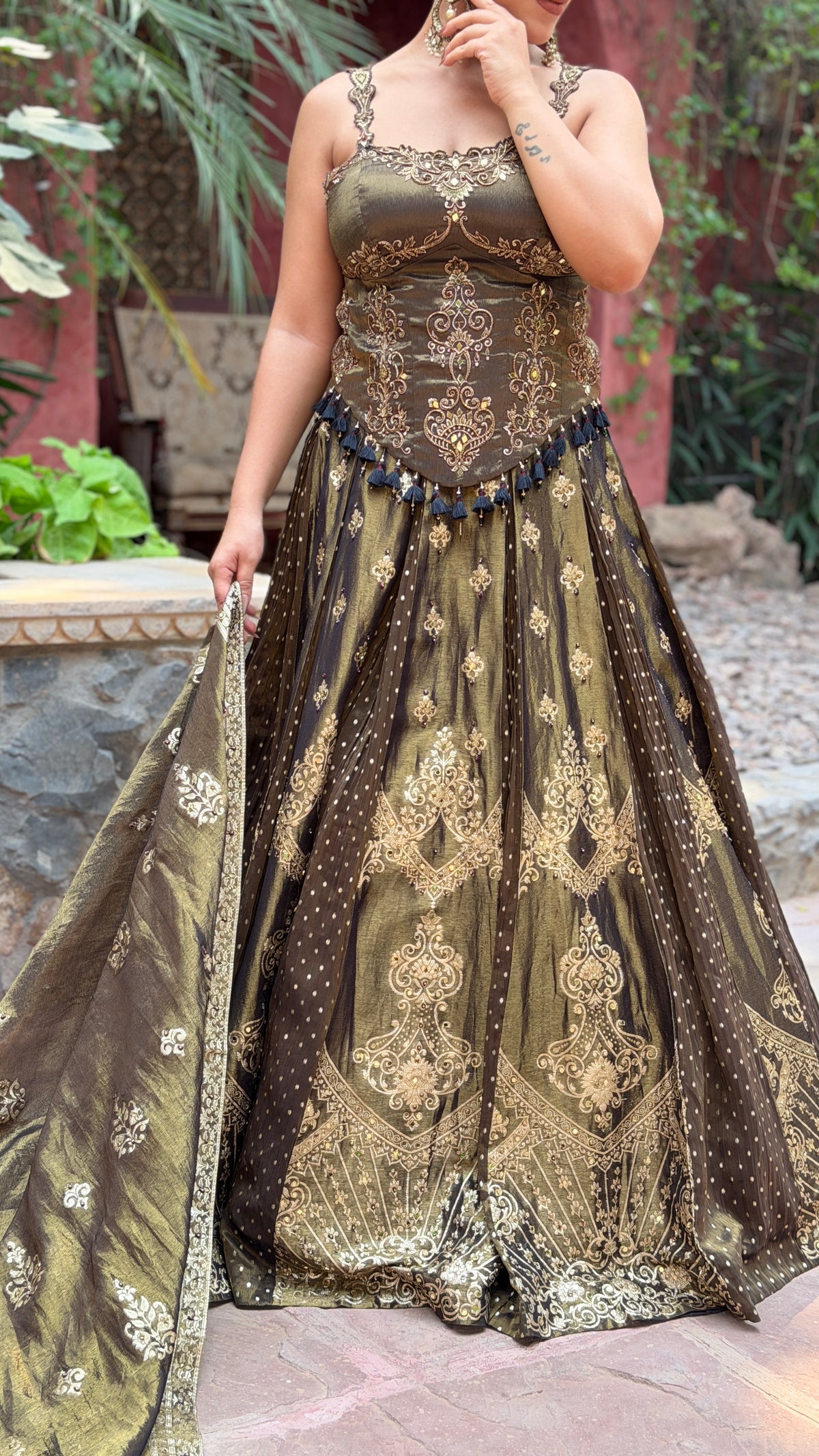 Banarasi Shimmer Silk Lehenga with Thread Hand-Embroidered Blouse