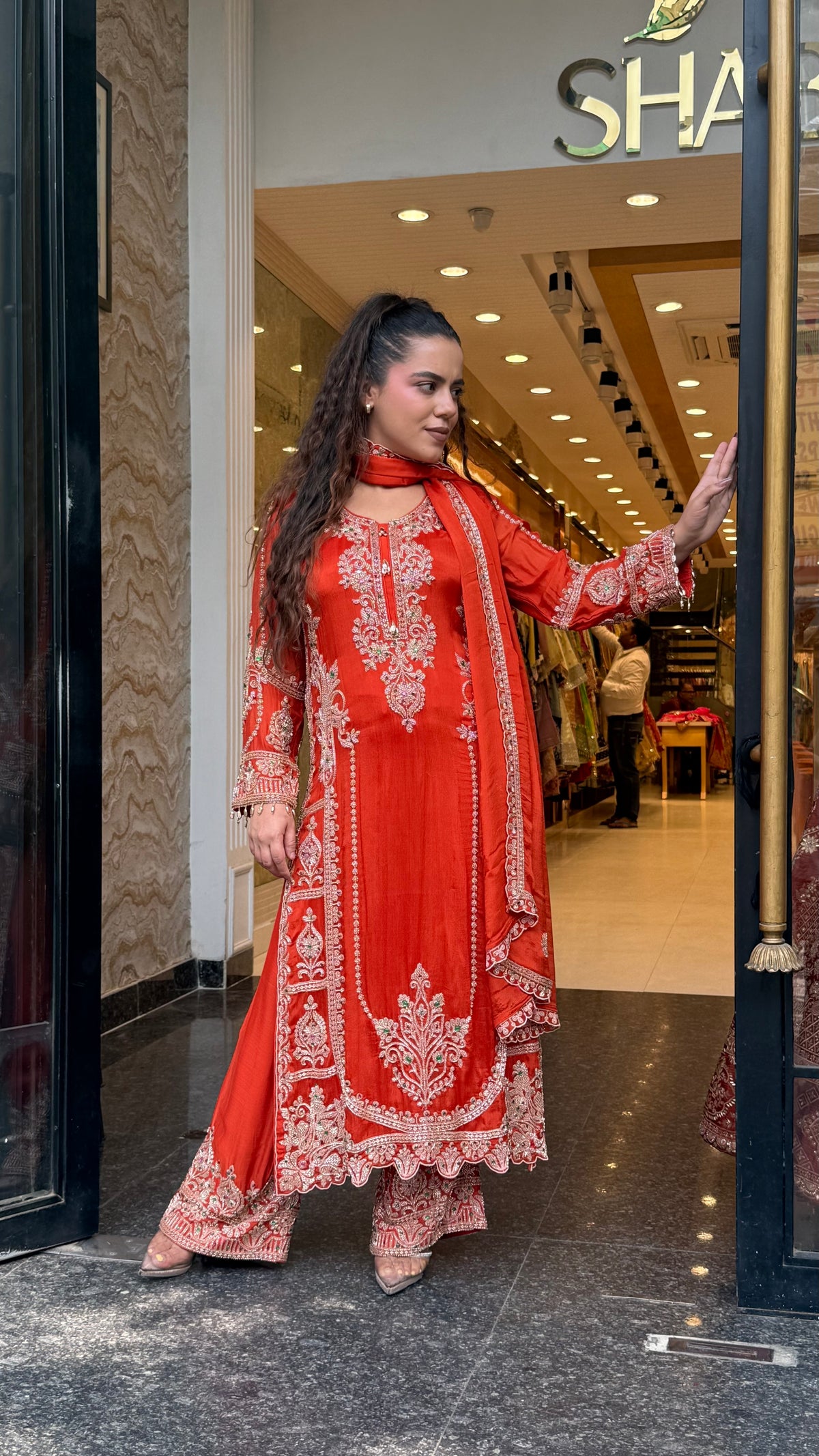 Designer Chinon Suit Set with Intricate Beads Work | Sizes Up to 42
